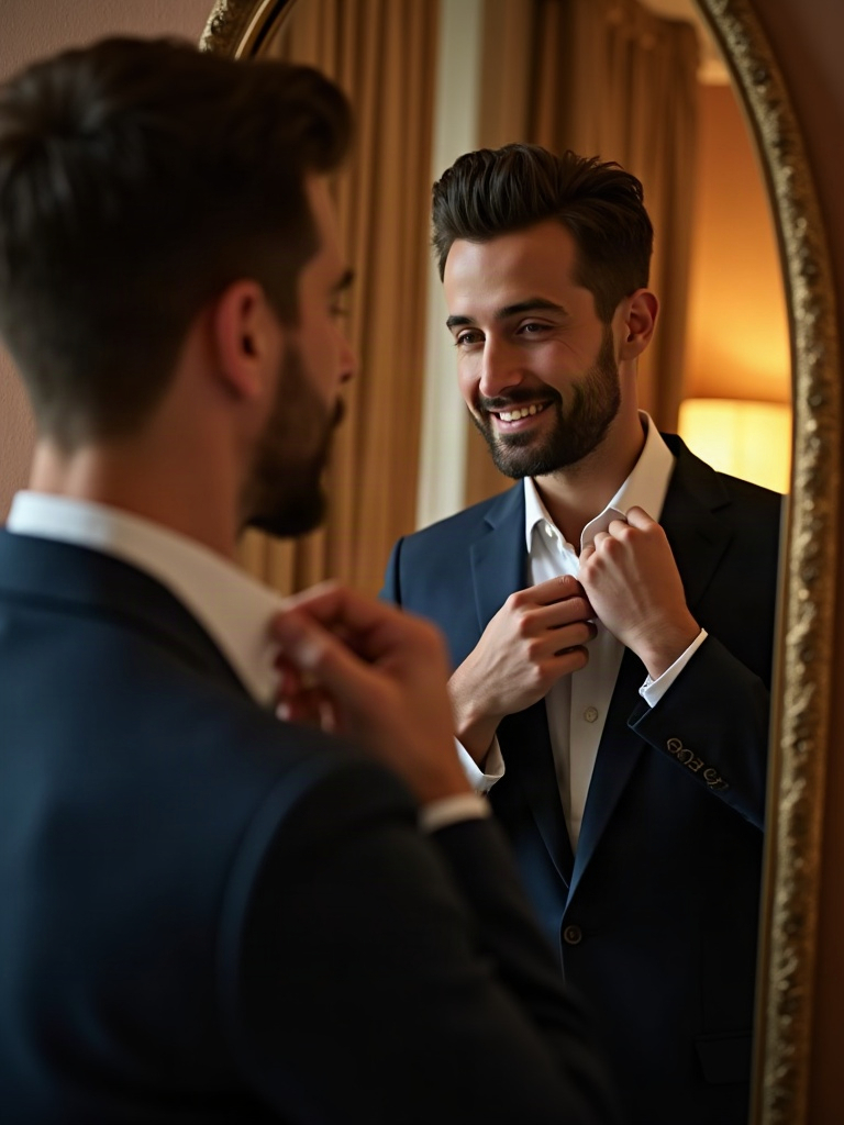 Bărbat elegant, aranjându-și ținuta în oglindă
